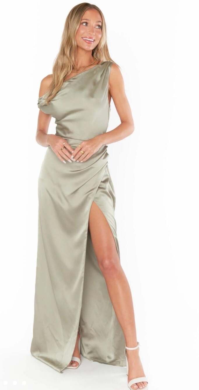 Show Me Your Mumu Jodie Dress in Moss Green Luxe Satin